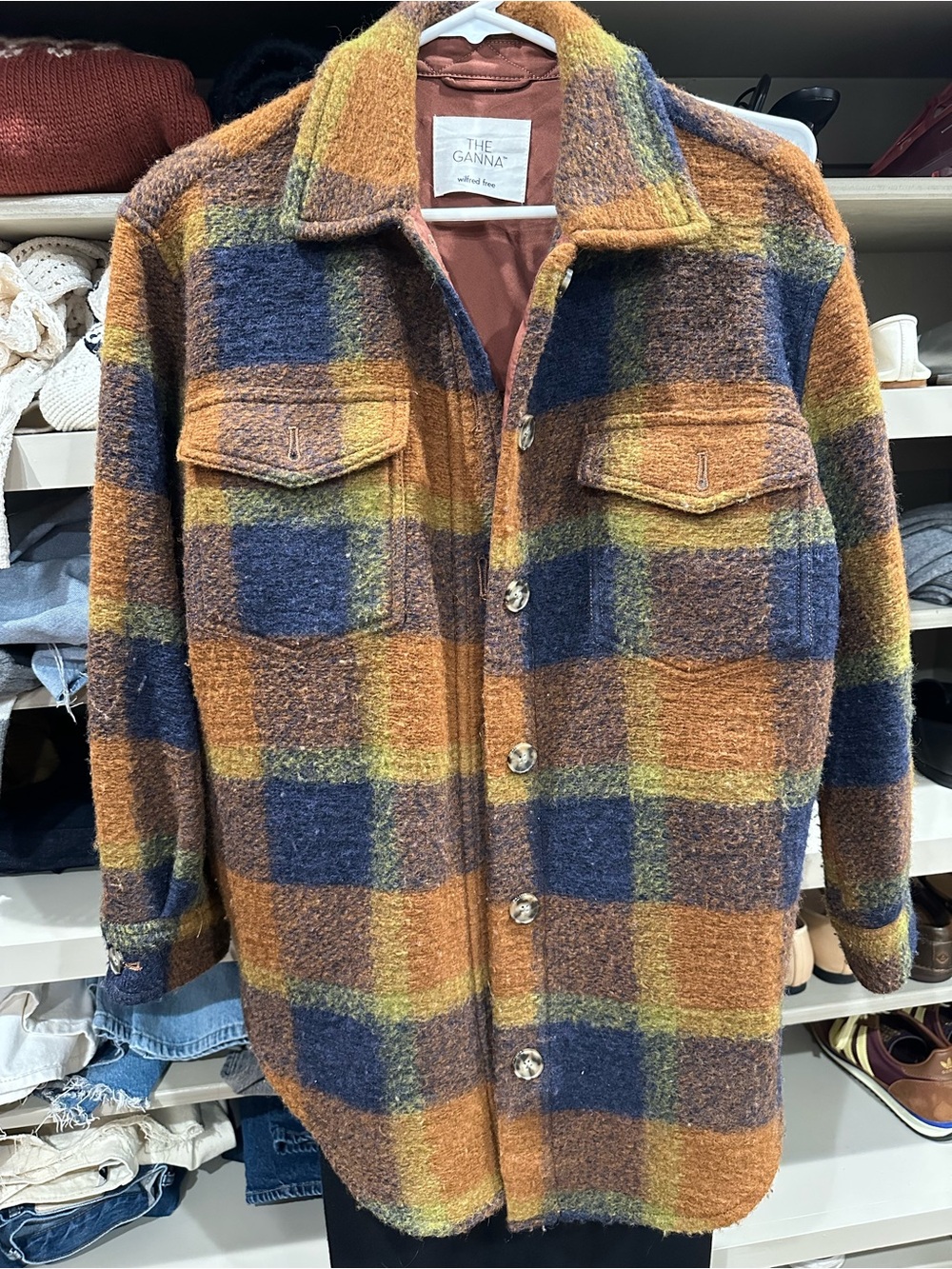 Aritzia Wilfred Plaid Shacket in Rust, Navy & Mustard